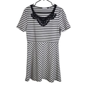 Naf Naf Black & White Striped Coquette Fit & Flare Dress  Lace Neckline Fall XL